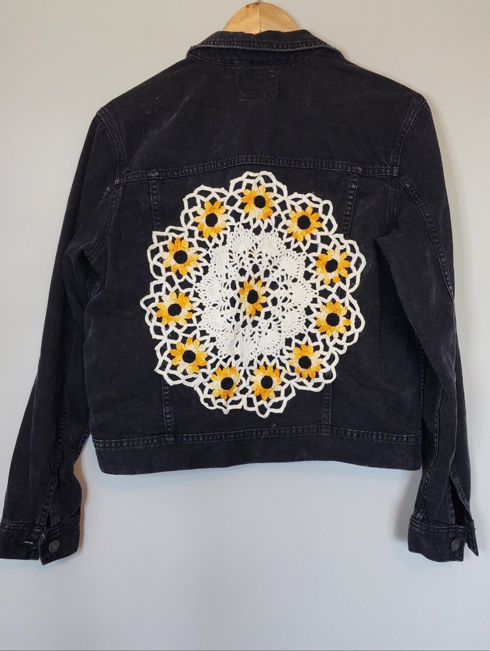 American Eagle Black Denim Jacket Medium Upcycled Crochet Sunflower Back Patch